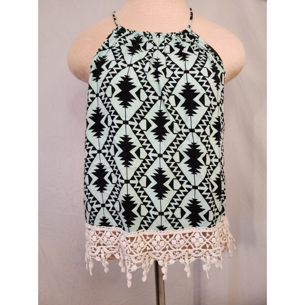 NO BOUNDARIES Teal and Black Spaghetti Strap Boho Top with Lace Edging-Size M